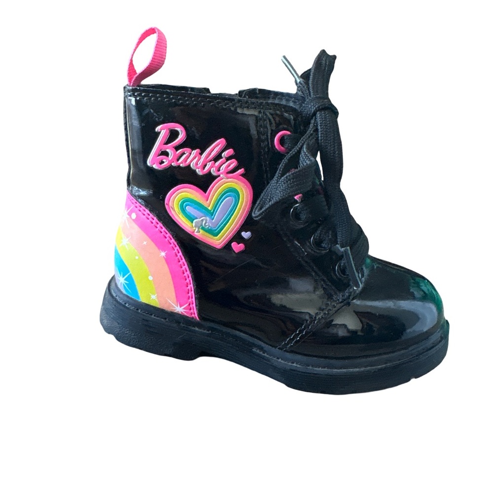 Barbie Glossy Black Boots with Rainbow Heart - size 8